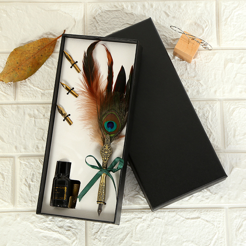 Antique Peacock Feather Writing Quill Ink Dip Pen Set